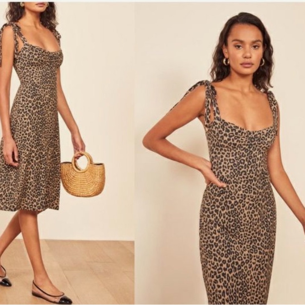 Reformation Wells Tie Shoulder Stretch Tencel
Lyocell Dress Leopard Size Medium